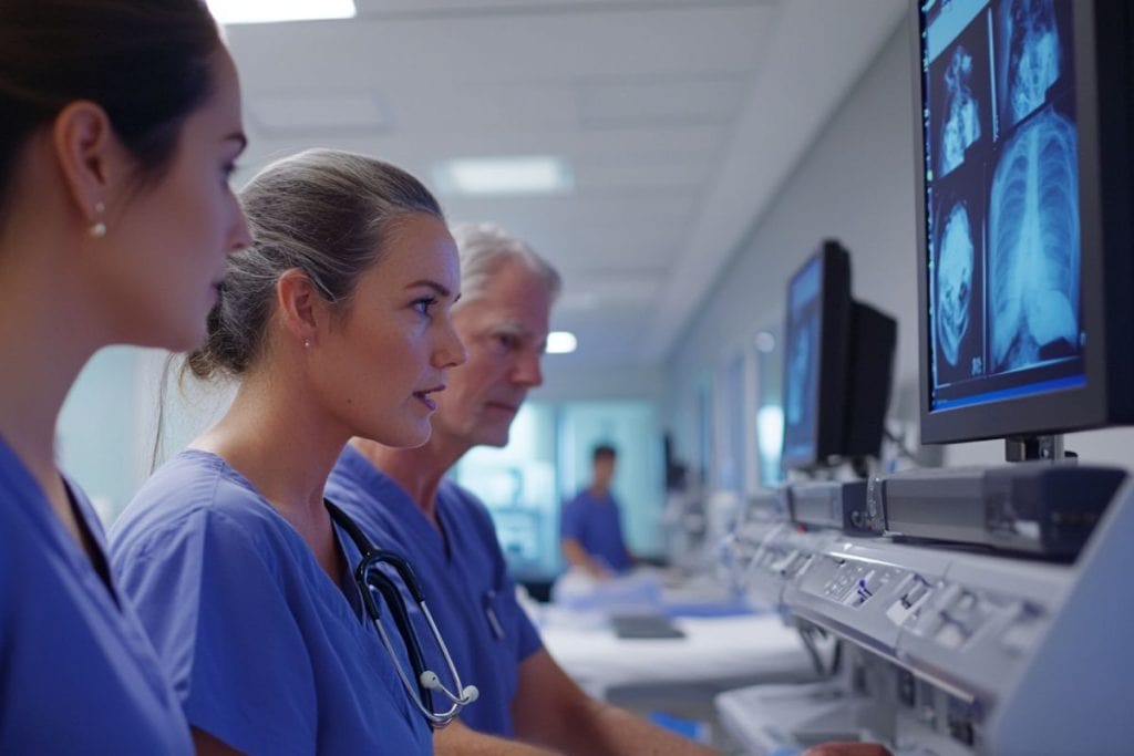 Three medical professionals with a Straight to Residence Visa NZ looking at X rays in a hospital