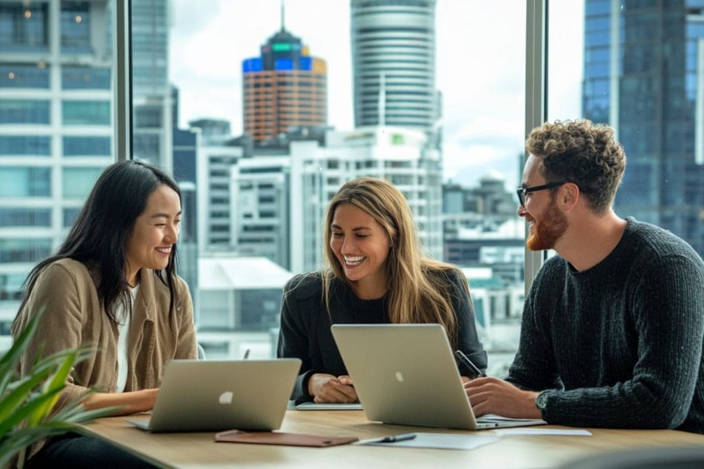 Three people with a Straight to Residence Visa NZ working in an office